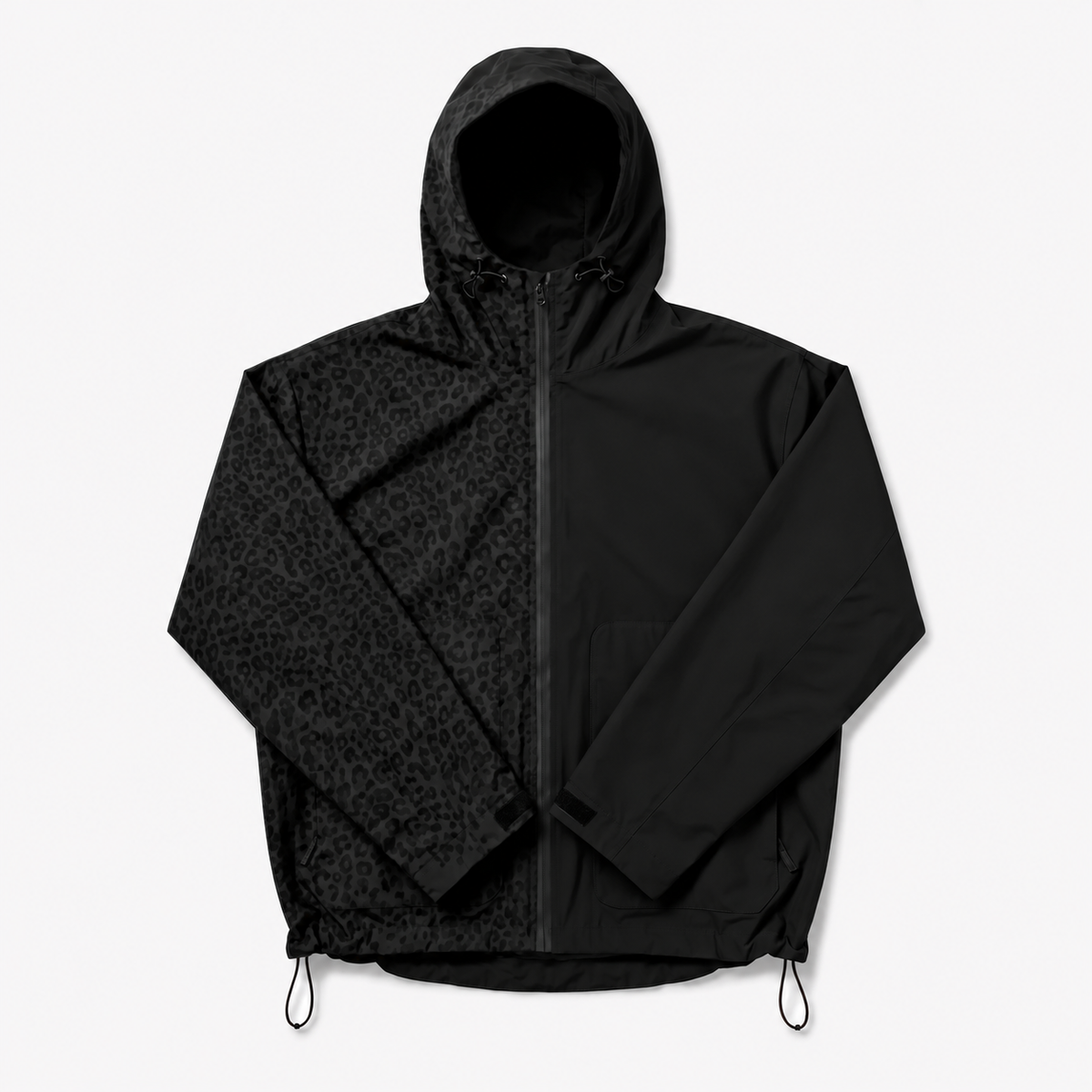 Half-Pattern Hooded Jacket — detail of the revealed pattern across the hood and chest